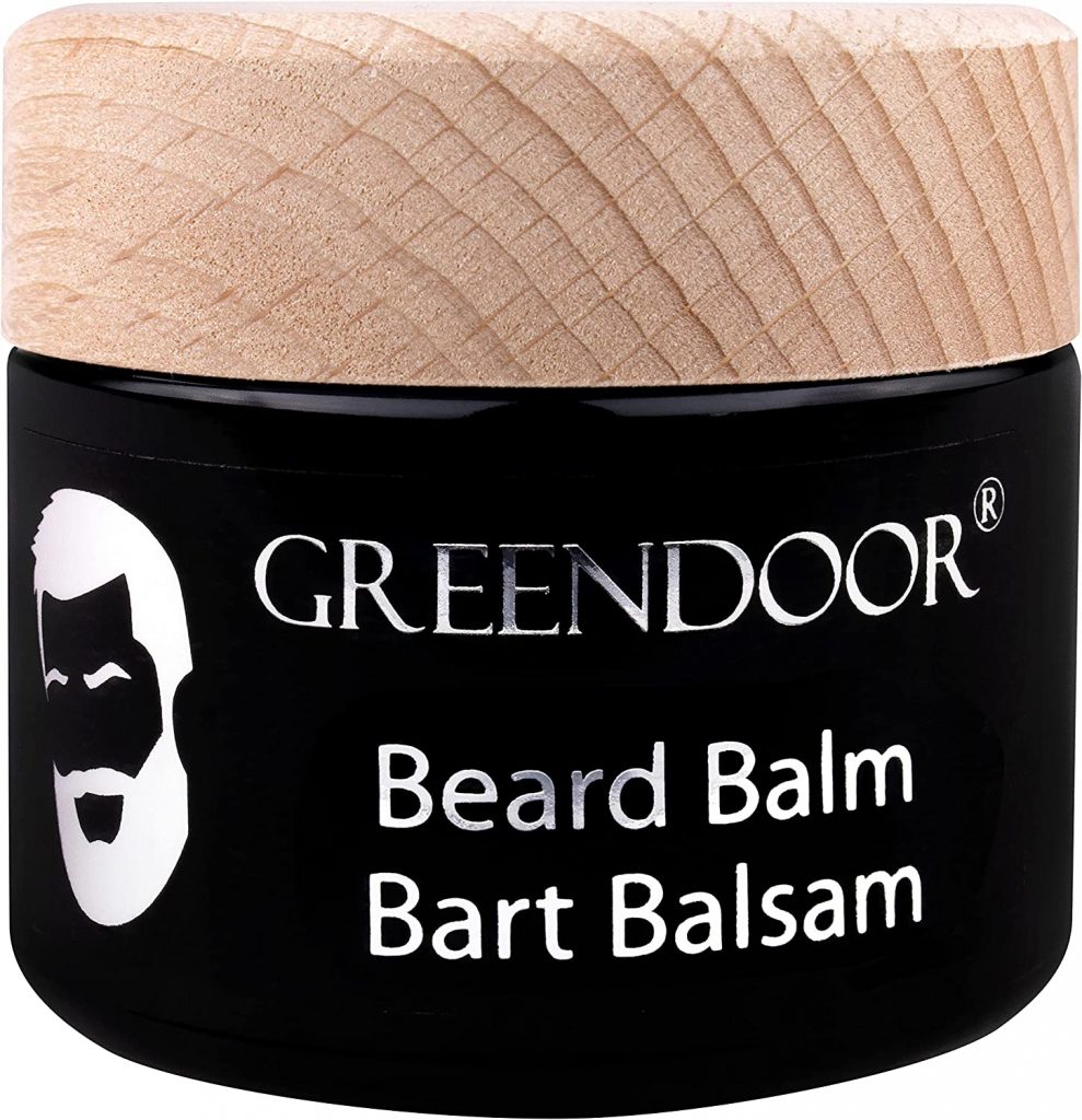 Baume à barbe de la marque Greendoor, pot en verre noir avec un couvercle en bois