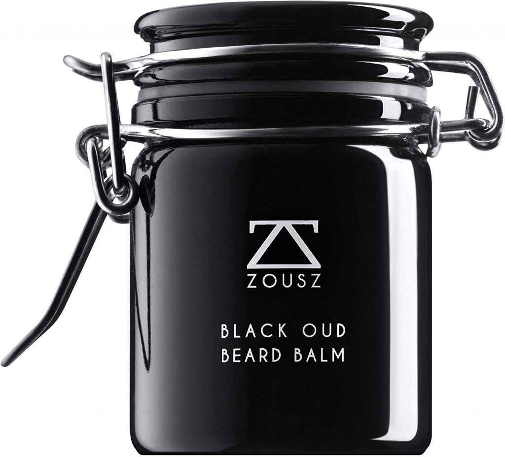 Baume à barbe de la marque Zousz, un peau en verre noir très chic